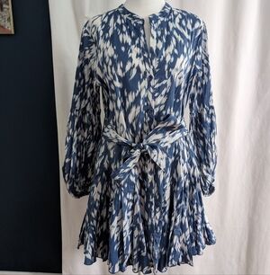 Bobbles & Lace Paula Blue & White  Button Up Mini Dress Tie Waist Small